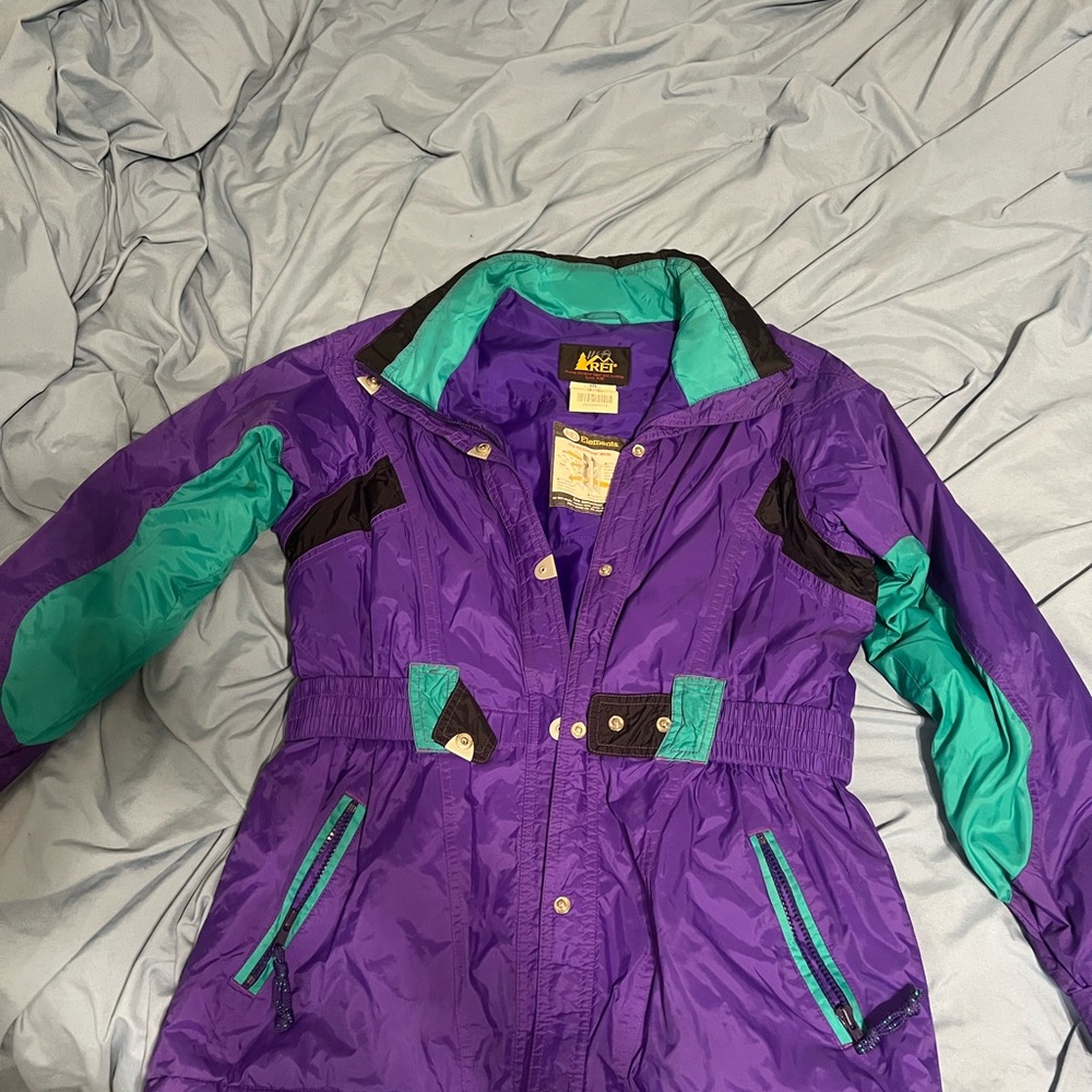 REI Purple and Green Puffer Jacket for Winter Sports